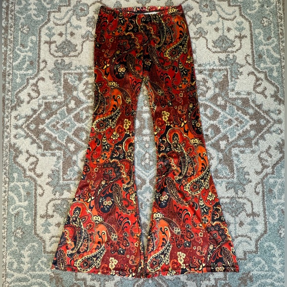Novella Royale Paisley Velvet Janis Pants L Red Brown Mid Rise Bell Wide Leg - Picture 3 of 8